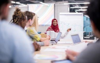 Muslim businesswoman giving presentations at 办公室